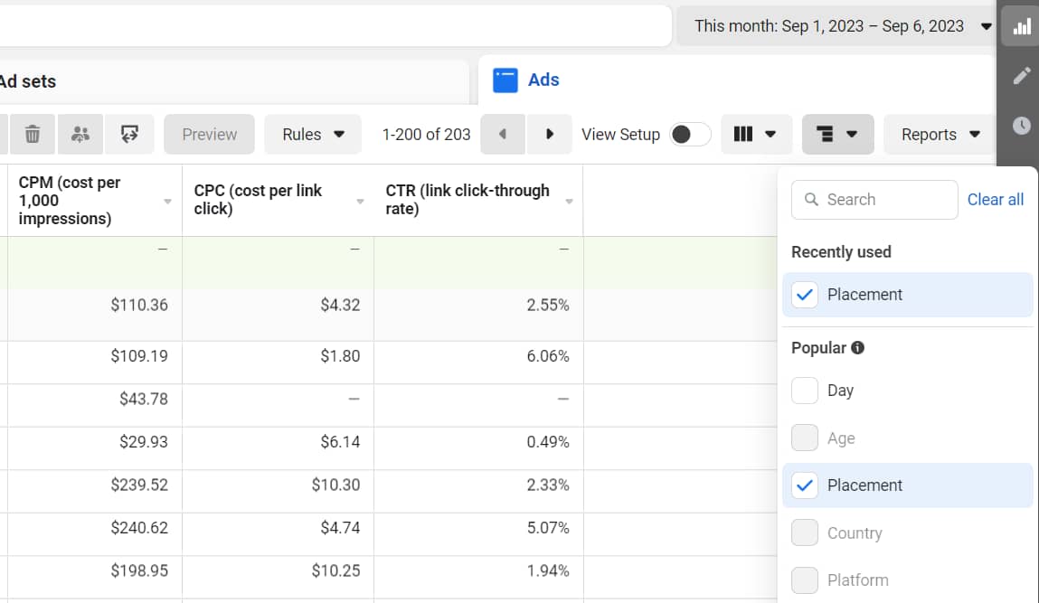 Filtering Reports By Placement