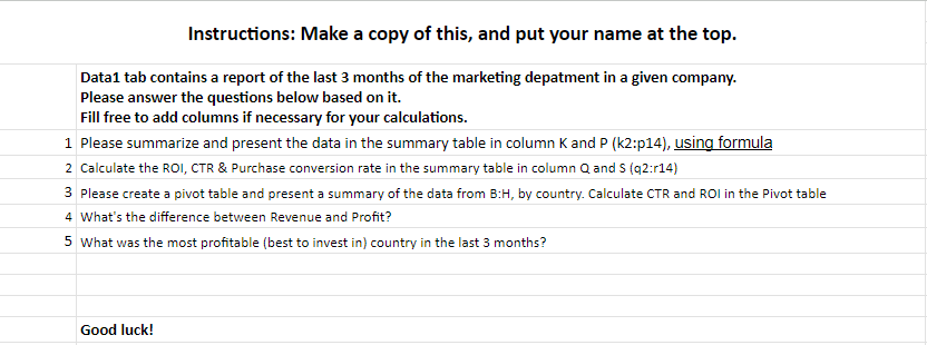 Spreadsheet Questions Part 1